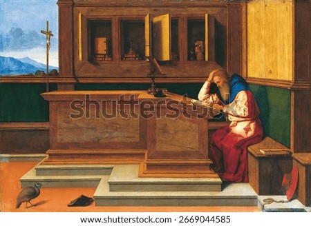Saint Jerome in His Study, ca. 1513 - 1515 by vincenzo catena. Vintage Christian artwork, art illustration. Vintage painting of Christian scene. Religious Christian painting.