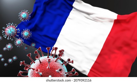 Saint Martin French Part And The Covid Pandemic - Corona Virus Attacking Its National Flag To Symbolize Fight With The Virus In This Country, 3d Illustration