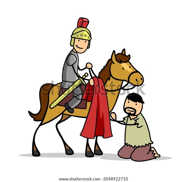 Saint Saint Martin on horseback shares his red\
cloak with a\
beggar