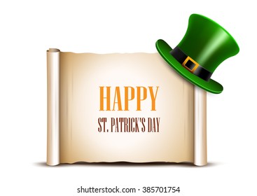 Saint Patrick Day Card Design. Green Top Hat And Ancient Paper Roll On Background. There Is Space For Text.