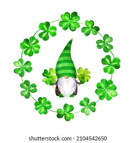 Saint Patrick Gnome With With Four Leaf Clovers - Luck Symbols In Wreath With Trefoil Leaves. Watercolor Round Frame For Irish Holiday