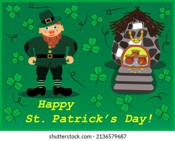 Saint Patrick's Day Card With Leprechaun And A House Of Treasure.