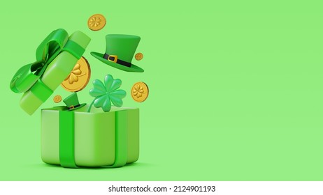 Saint Patrick`s Day design. Realistic gift boxes. Open a gift box with clover, lucky hat and golden coins. Holiday banner, web poster, flyer, stylish brochure, greeting card, cover. 3d render.  - Powered by Shutterstock