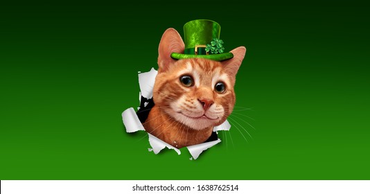 Saint Patricks Day Irish Holiday Cat Wearing A Green Leprechaun Hat With A Shamrock Clover Bursting Out Of Paper With 3D Illustration Elements.