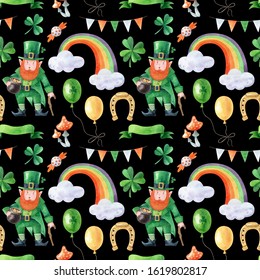 Saint Patrick's day seamless pattern with leprechaun, rainbow, shamrock, horseshoe isolated on black background. Watercolor handmade illustration for invitation, greeting card, wrapping paper, fabric.