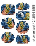The Saint prophet Jonah and the Whale. Deep blue religious gift tags in Byzantine style on white background