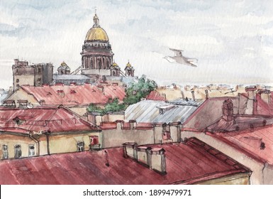 Saint-Petersburg Roofs View, Watercolor Sketch