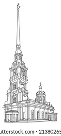 Saints Peter And Paul Cathedral In Saint Petersburg Russia, Line Art Architecture Drawing, Hand Drawn City Scape Illustration On White Background