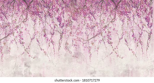 Sakura branches painted with pastel.  Wall of pink sakura flowers. Stunningly beautiful, modern murals, wallpaper, wall murals, photowallpaper, cover, postcard on an interesting, unusual background. 