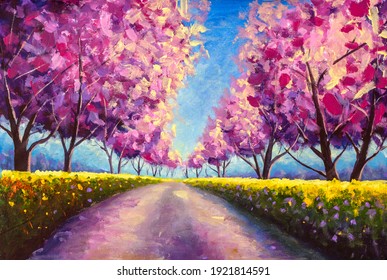 Sakura Cherry blossoming alley. Wonderful scenic park with rows of blooming cherry sakura trees Oil Painting landscape. Modern art.