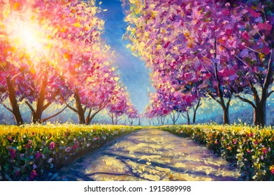 Sakura Cherry blossoming walking path to alley park Oil Painting. Wonderful scenic park with rows of blooming cherry sakura trees in spring. Pink flowers of cherry tree. Contemporary fine art