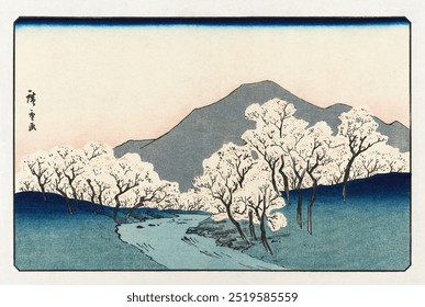 Sakura namiki zu, vintage Japanese illustration by Hiroshige Ando. Beautiful Japanese landscape painting. Vintage floral art drawing illustration, old Sakura tree painting floral art print.