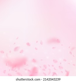 Sakura Petals Falling Down. Romantic Pink Flowers Gradient. Flying Petals On Pink Square Background. Love, Romance Concept. Unique Wedding Invitation.