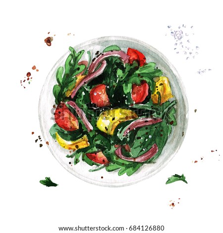 Salad bowl. Watercolor Illustration. 