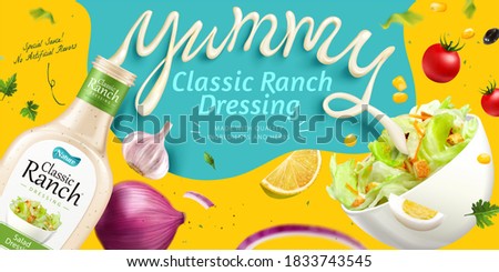Salad dressing ad with fresh vegetable and splashing sauce in 3d illustration