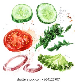 Salad Ingredients. Watercolor Illustration. 