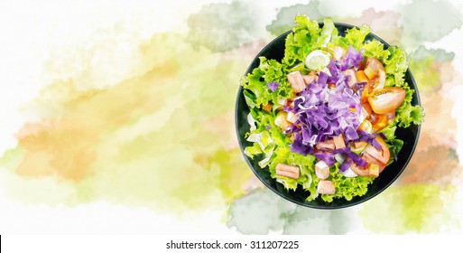 Salad On Black Plate With Watercolor Techniques.