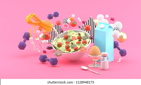 Salads, milk, eggs, dumbbell, exercise ropes amid colorful balls on pink background.-3d rendering. - Powered by Shutterstock