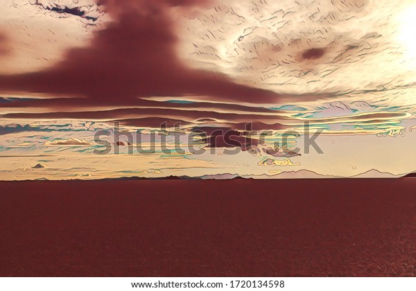 Salar de Uyuni, salt lake,\
is largest salt flat in the world, altiplano, Bolivia, South\
America, sunset