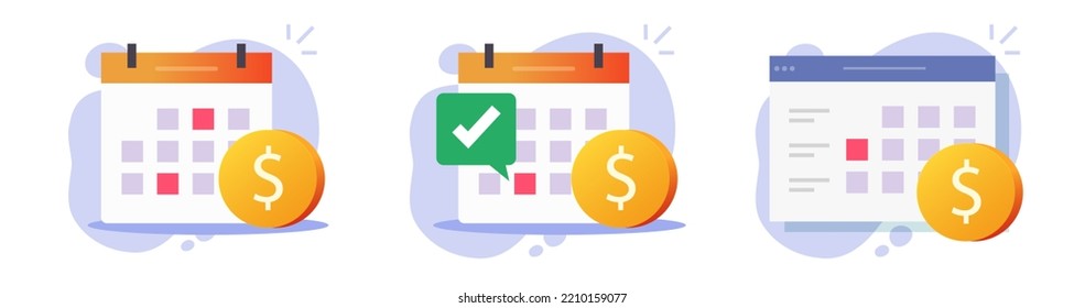 Salary Payment Money In Calendar Pay Date Icon, Annuity Monthly Bill Subscription, Automatic Recurring Credit Loan Period, Budget Or Investment Payout Agenda Illustrated