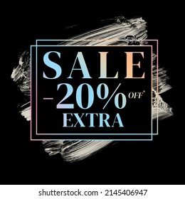 sale 20% off extra shop now sign holographic gradient over art white brush strokes acrylic paint black background illustration