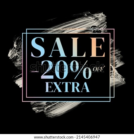 sale 20% off extra shop now sign holographic gradient over art white brush strokes acrylic paint on black background illustration 商業照片 © 