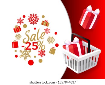 Sale 25 percent, shops sellout of products gifts raster. Present boxes with decoration bow and wrapping, Christmas holiday celebration, snowflakes - Powered by Shutterstock