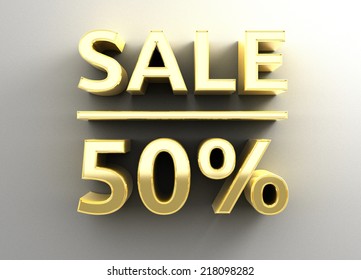 Sale 50% - gold 3D quality render on the wall background with soft shadow.