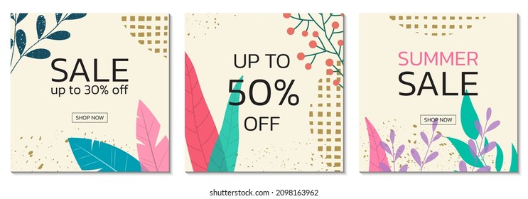 Sale Banner Background Set With Floral Pattern. Abstract Art Posters, Squrae Cards For Spring, Summer Or Autumn Discount Design. Social Media Post Or Story Template.  