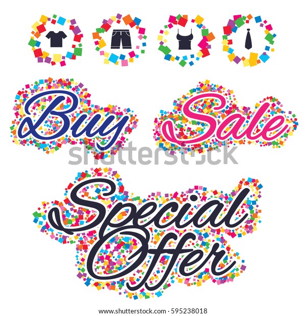 Sale confetti labels and banners. Clothes icons. T-shirt\
and bermuda shorts signs. Business tie symbol. Special offer\
sticker. 
