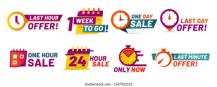 Sale Countdown Badges. Last Minute Offer Banner, One Day Sales And 24 Hour Sale Promo Stickers. Business Limited Special Promotions, Best Deal Badge. Isolated  Icons Set