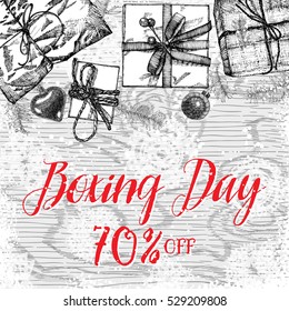 Sale Discount Background For Family Boxing Day Holiday Store, Shop, Promotional Leaflet. Handdrawn Christmas And New Year Promotion Poster And  Banner.