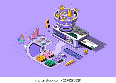 Sale Funnel Concept 3d Isometric Outline Web Design. Internet Marketing Tools For Generation Leads And Sales And Customer Attracting. Web Illustration With Abstract Line People Composition