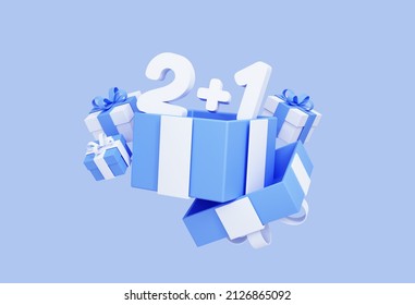 Sale Marketing Concept With Buy 2 Get 1 Free Promotion. Black Friday Discount. Special Offer Take 3 Pay 2. Banner Template With Gift Boxes Isolated On Blue Background. 3D Rendering