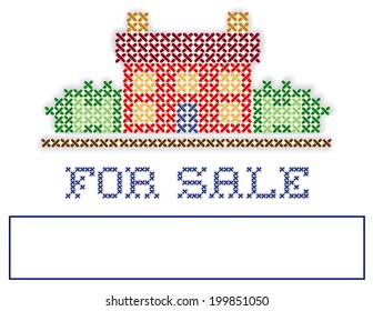 FOR SALE, Real Estate Yard Sign, Retro Cross Stitch Embroidery Design, House In Landscape, Blank Space To Personalize With Your Information, Isolated On White Background. 