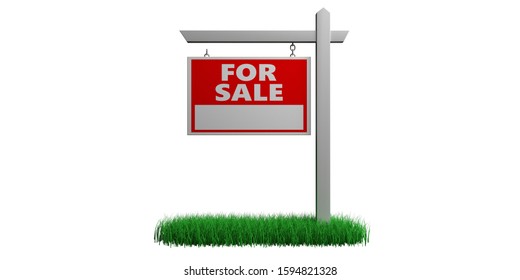 For Sale Sign On Grass Isolated Cutout Against White Background, Text With Blank Space, Template For An Agent Advertising. Real Estate Concept. 3d Illustration
 
