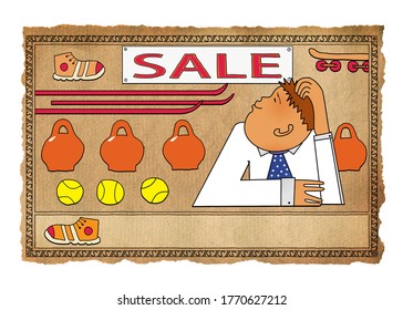 Sale At The Sports Store. Bored Manager. Russian Lubok Style