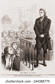 Salem Witch Trials. Puritan Rev. George Burroughs In Chains During His Trial For Witchcraft. Cotton Mather Attended His Execution By Hanging On August 19, 1692