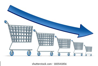 Sales Decline Symbol As A Group Of Shrinking Shopping Carts With A Blue Arrow Going Down As A Metaphor For Commercial Retail Consumerism On A White Background.