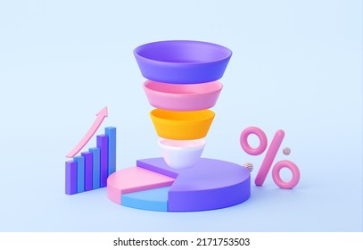 A Sales Funnel With A Percentage And Statistics. In Purple, Pink And Blue Colors. Round Diagram With Arrow To The Top. 3d Rendering Illustration 