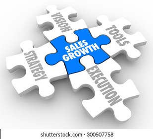 Sales Growth Puzzle Pieces With Vision, Strategy, Tools And Execution Connecting To Achieve Success And Complete The Picture Of Reaching A Selling Mission Or Objective