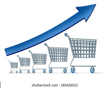 Sales Increase Symbol As A Group Of Rising Shopping Carts With A Blue Arrow Going Up As A Metaphor For Successful Commercial Retail Consumerism On A White Background.