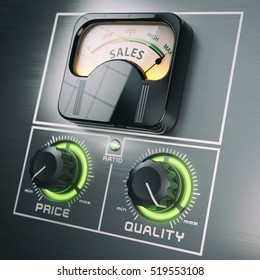 Sales Price Quality Ratio Control Marketing Concept. Maximum Sales At High Quality And Low Price Switches. 3d Illustration