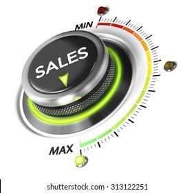 Sales Switch Button Positioned On Maximum, White Background And Blue Light. Conceptual Image For Sales Strategy And Growth Of Incomes.