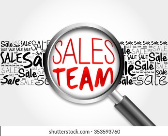 Sales Team Sale Word Cloud With Magnifying Glass, Business Concept