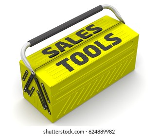 Sales Tools. Closed Yellow Tool Box On A White Surface With Text 