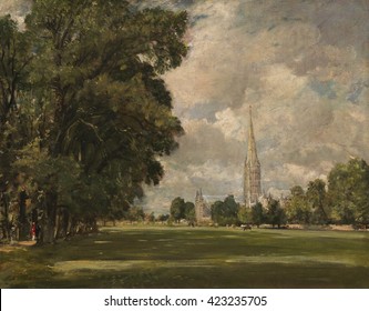 Salisbury Cathedral from Lower Marsh, by John Constable, 1820, English painting, oil on canvas. The Gothic cathedral is under a cloud filled sky. At left, small figures of Archbishop of Salisbury, an