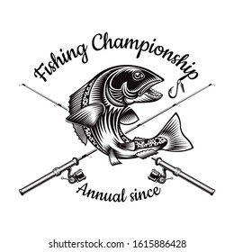 Salmon Fish Bend Silhouette With Crossed Fishing Rod In Engrving Style. Label For Fishing, Championship And Sport Club On White