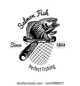 Salmon Fish Head Up From Landing Net In Engraving Style. Label For Fishing Or Fishing Shop Isolated On White