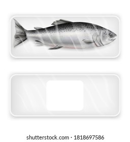 Salmon Red Fish Package, Realistic Isolated Illustration. White Blank And With Fresh Fish Pack, Food Plastic Tray Mockup Set. Luxury Seafood Product For Cooking Advertising Template.